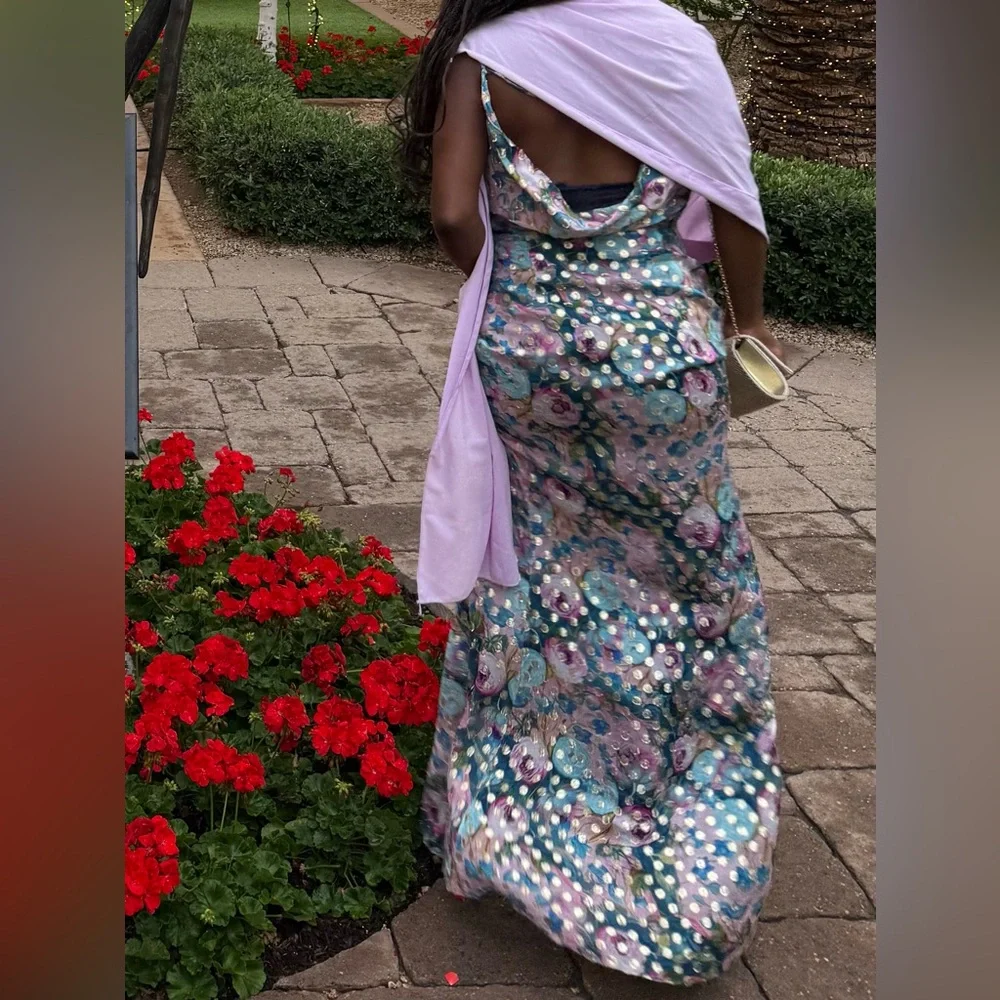 Dress the Population One-Shoulder Floral Satin Gown - Picture 4 of 5